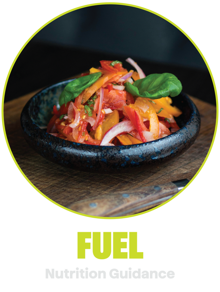 Colourful salad with tomatoes, capsicum and basil—nutrition guidance focus.