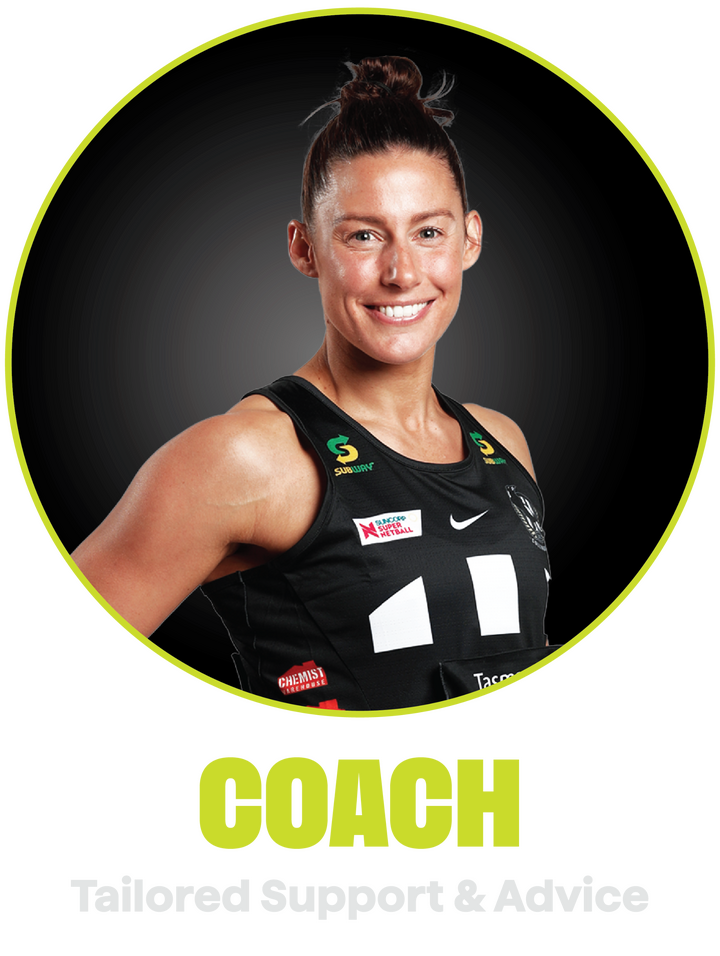 Madi Browne smiling in Netball team kit —coach and co-founder of NetHub portrait on dark background.